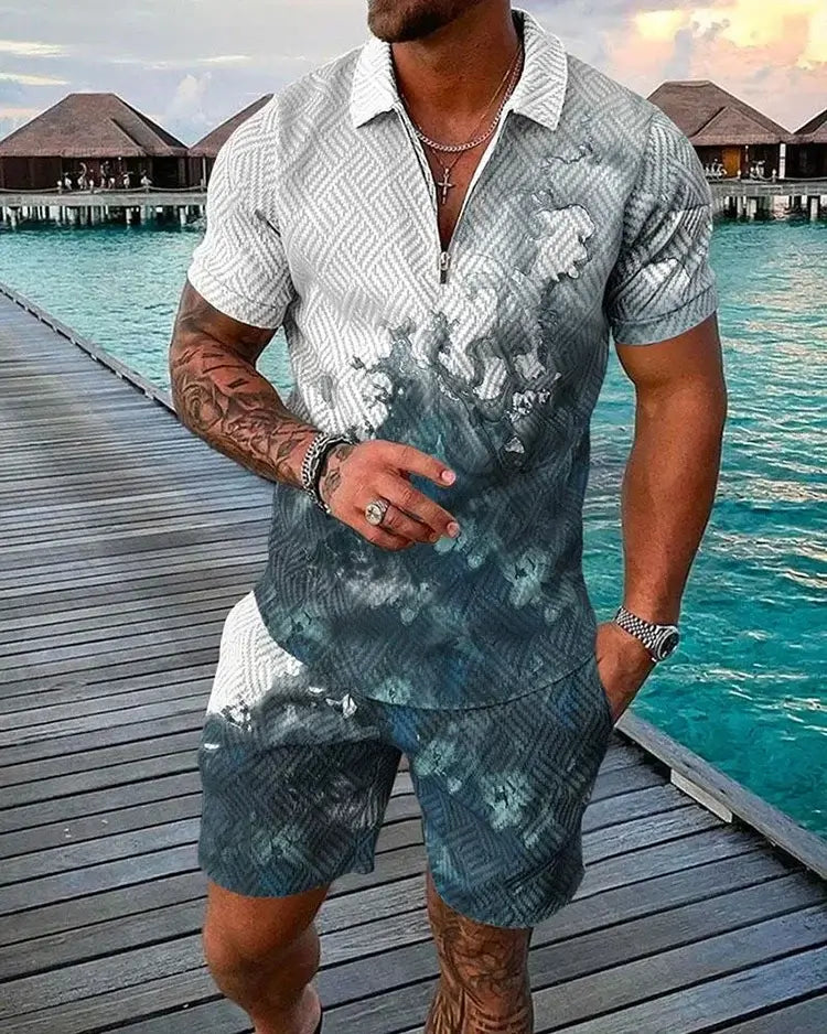 Men's Zip-Collar 3D-Print Polo Shirt and Pants Two-Piece Tracksuit