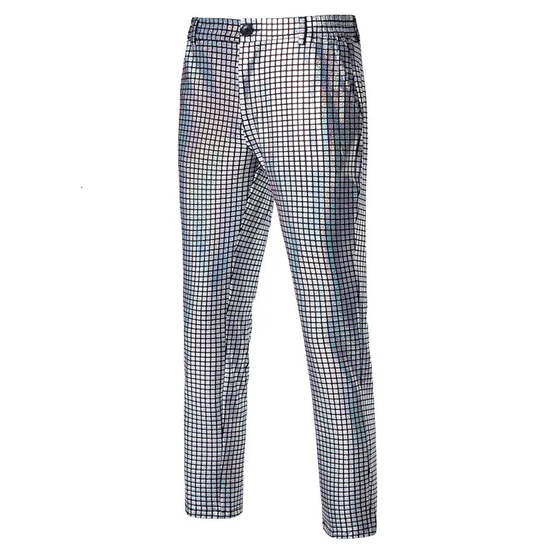 Men's Sequined Checkered Stretch Dance Party Suit Pants