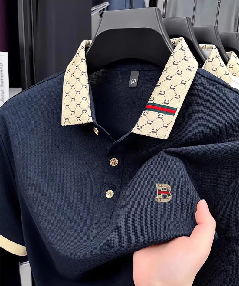 Tricou polo bărbătesc de vară, cu litera B imprimată în relief, mânecă scurtă, ușor și respirabil, modă nouă, cu rever și design color block