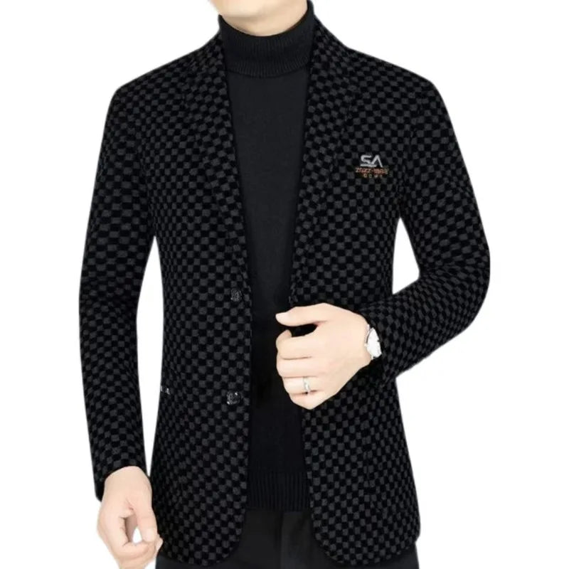 Men's Winter Velvet Woolen Thick Wedding Blazer, Business Dress Coat