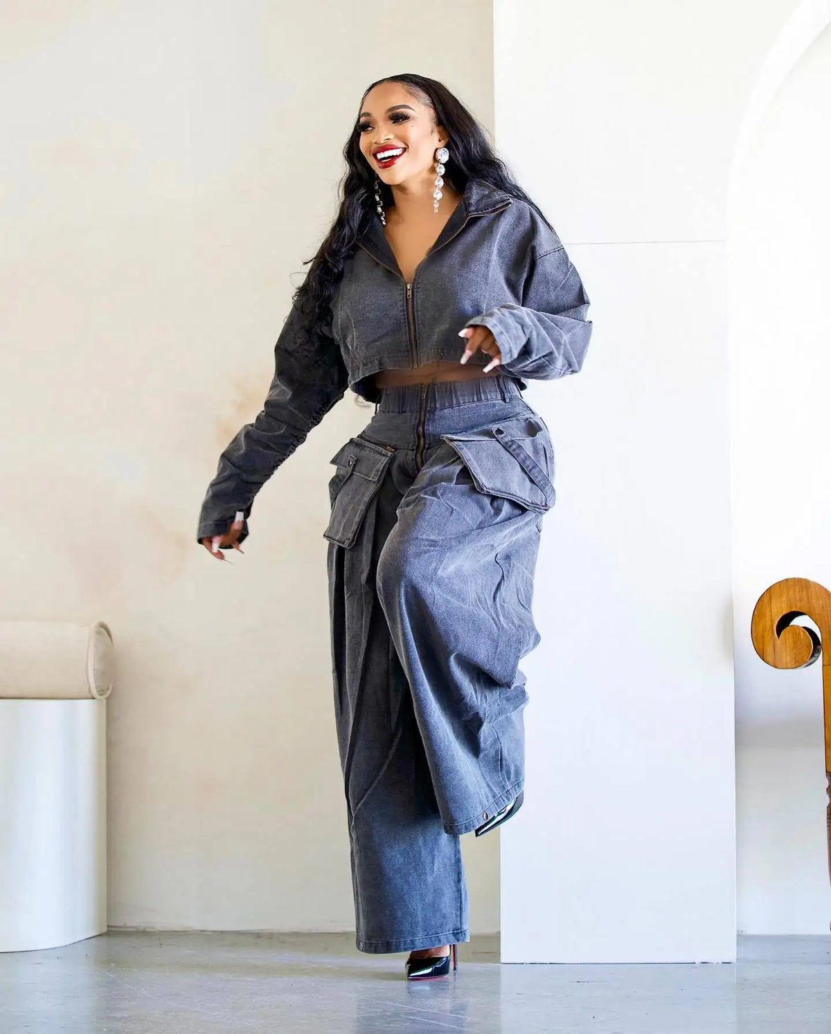 Women's Retro Casual Wide-Leg Heavy Denim Two-Piece Set