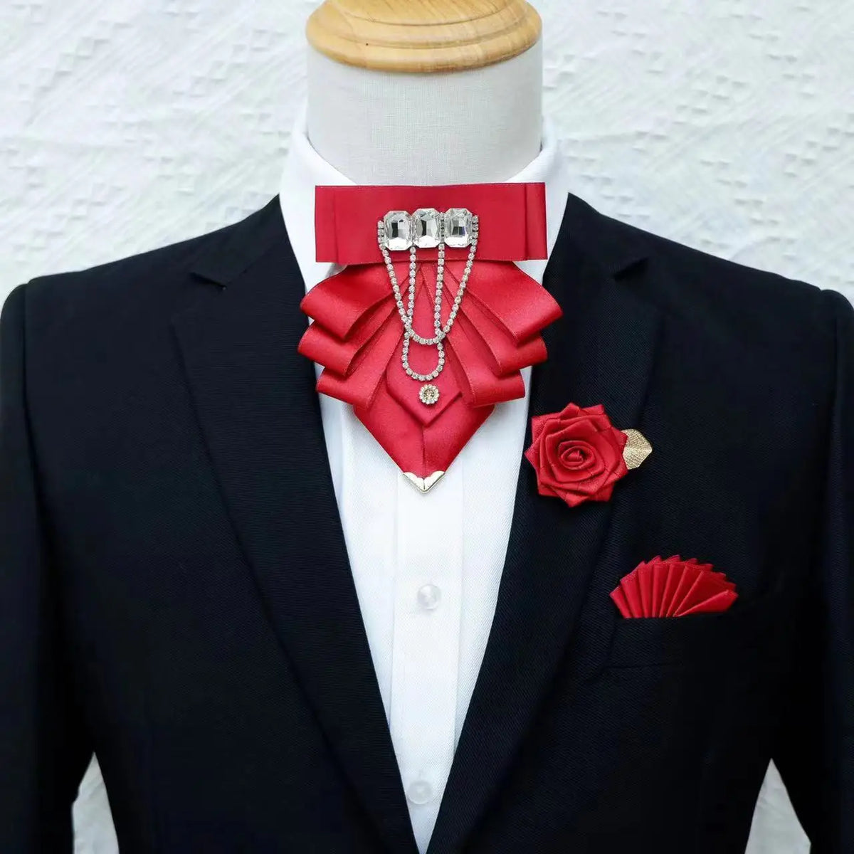 Men's Rhinestone Tassel Bow Tie and Brooch 3-Piece Set