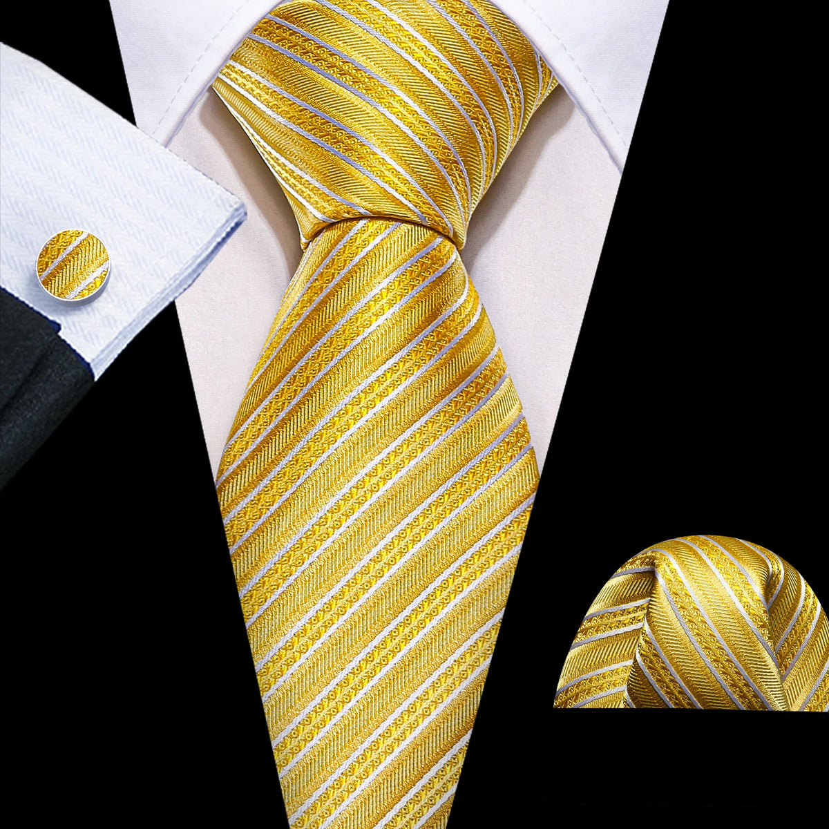 Men's Gold Silk Stripe Necktie Handkerchief Cufflinks Set