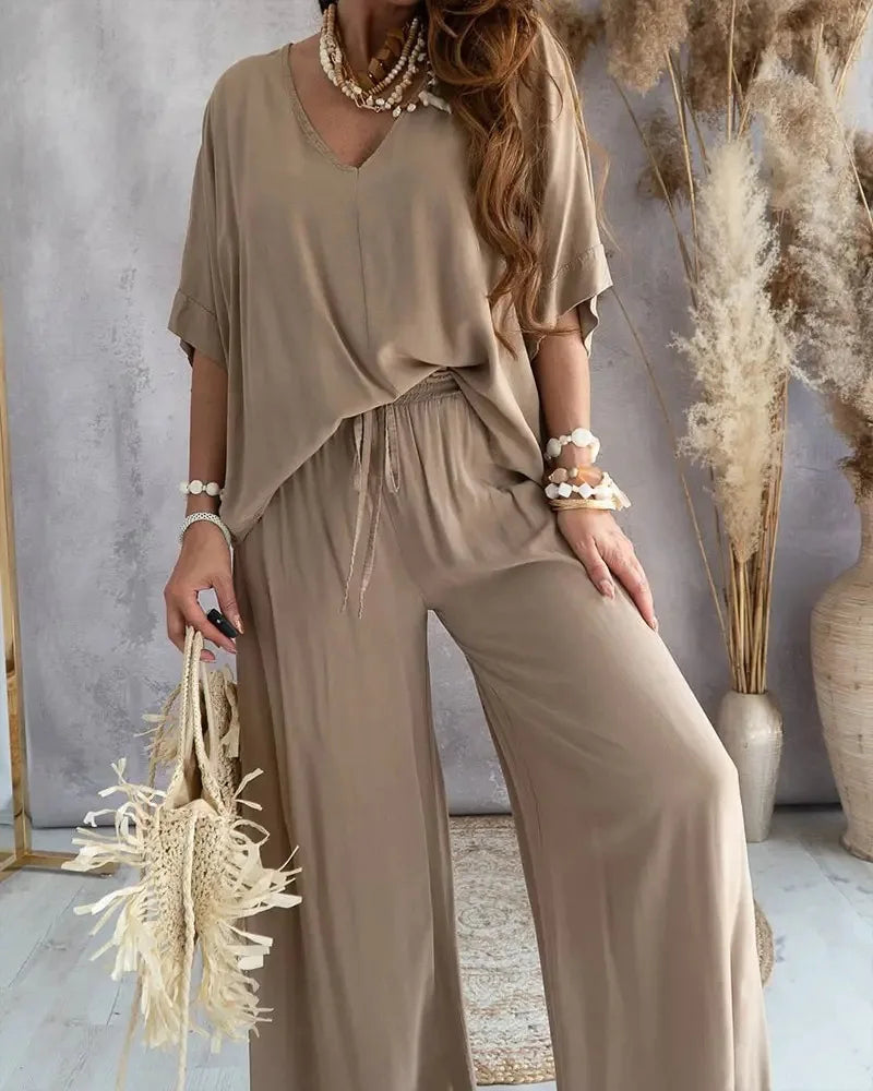 Women's V-Neck Bat-Sleeve Top and Lace-Up Wide-Leg Pants Set