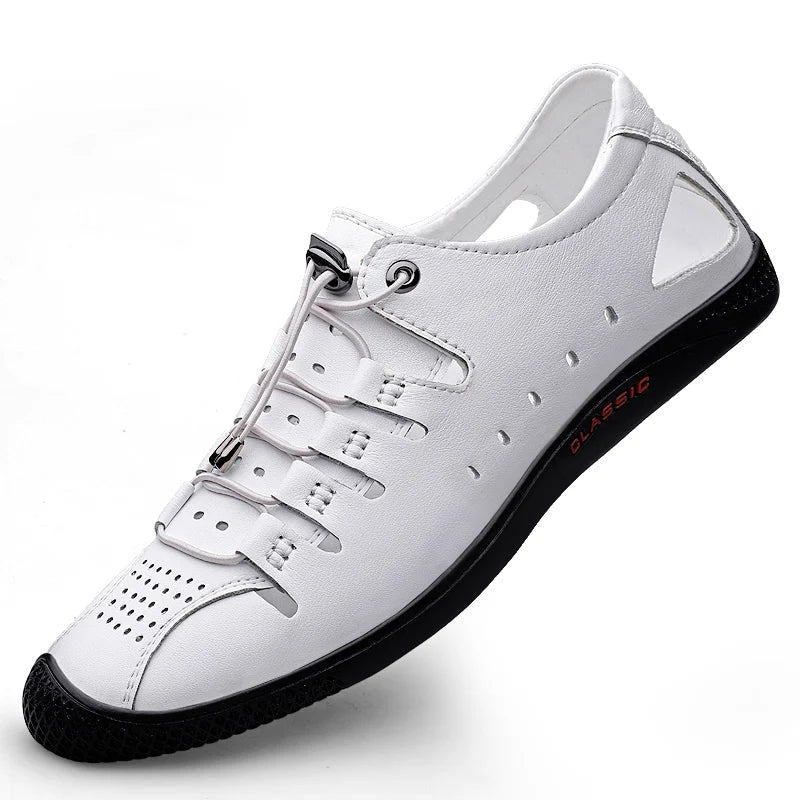 Genuine Leather Summer White Lace Up Hollow Sandals Roman Style Designer Shoes Luxury Brand Breathable Beach Men Shoes Mocassins