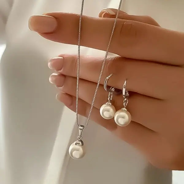 3pcs Shining Zircon Flower Jewelry Sets for Women Light Luxury Imitation Pearl Pendant Necklace Earrings Banquet Party Jewelry