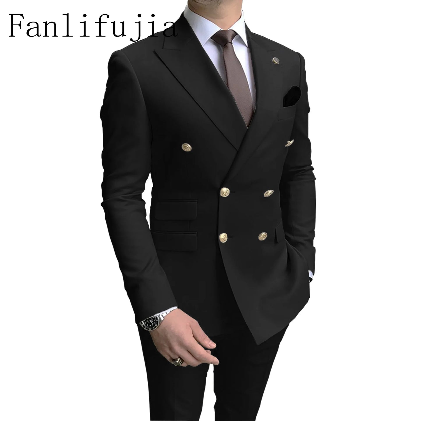Fanlifujia Store Casual Sky Blue Men Suits Double Brested Peak Lapel Gold Button Groom Wedding Tuxedos Best Costume Homme