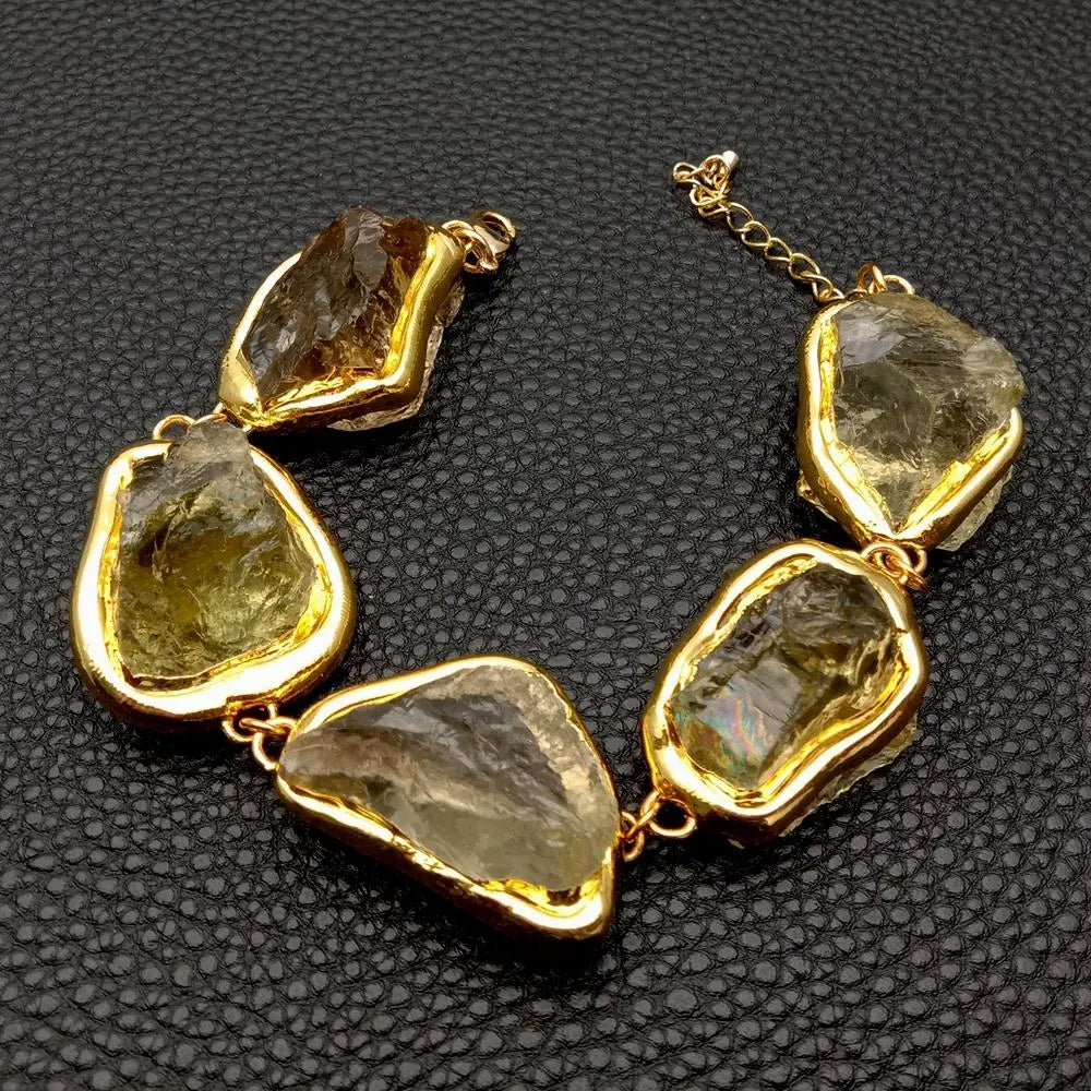 KKGEM Natural 27x33mm Lemon Quartz Rough Raw Nugget Gold Plated Brushed Bead wrap Bracelet Semi Precious Women Jewelry