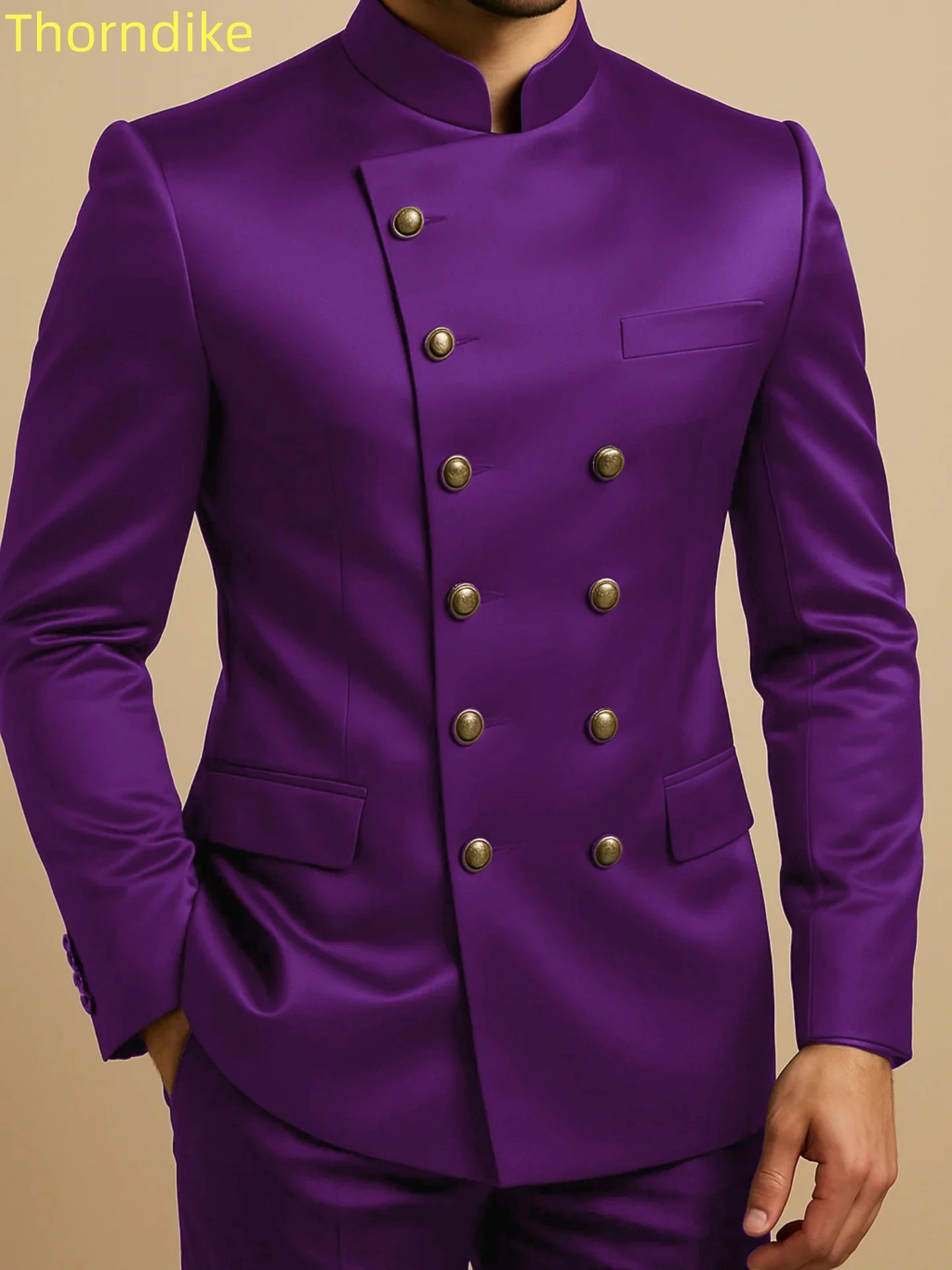 Thorndike Affrica Style Casual Stand Collar Satin Double Breasted Jacket Pants Business Men Suit Elegant Groom Wedding Suits