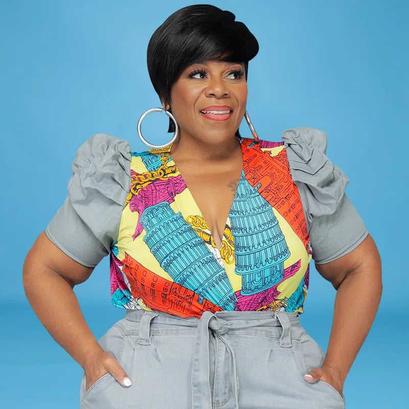 5XL Plus Size Womens Sets Denim Street Two Piece Set Puff Sleeve Patchwork Print Top and Jeans Matching Suit Wholesale Items