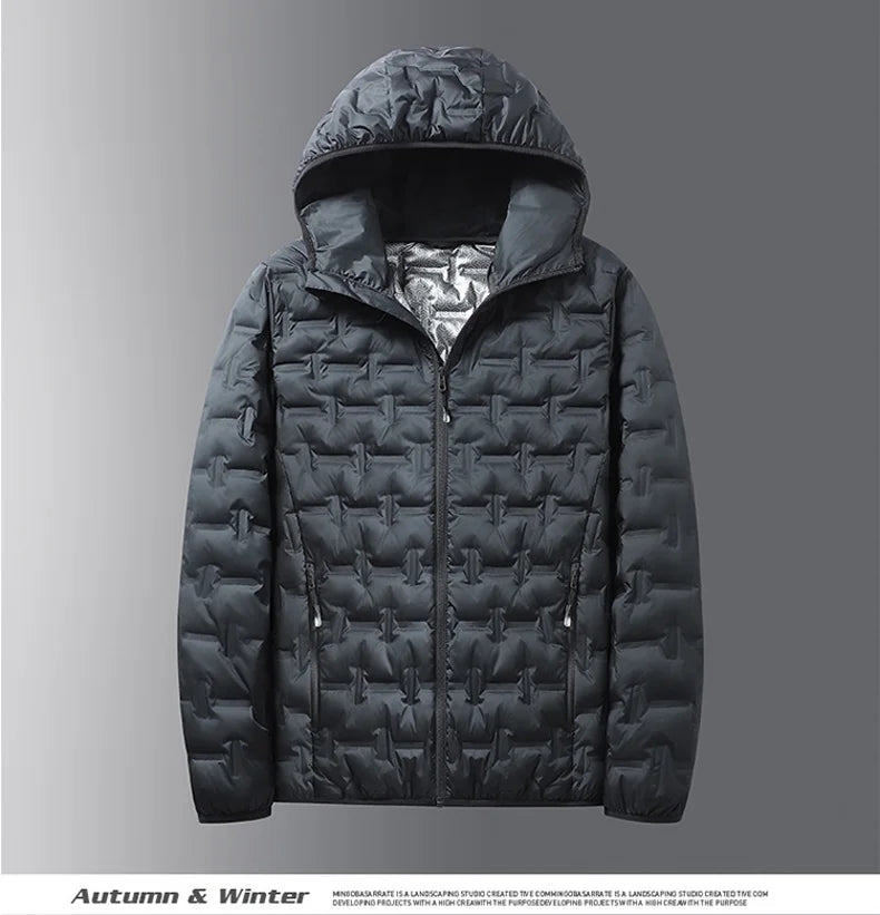 Men's Winter White Graphene Hooded Puffer Jacket, Windproof Down Coat