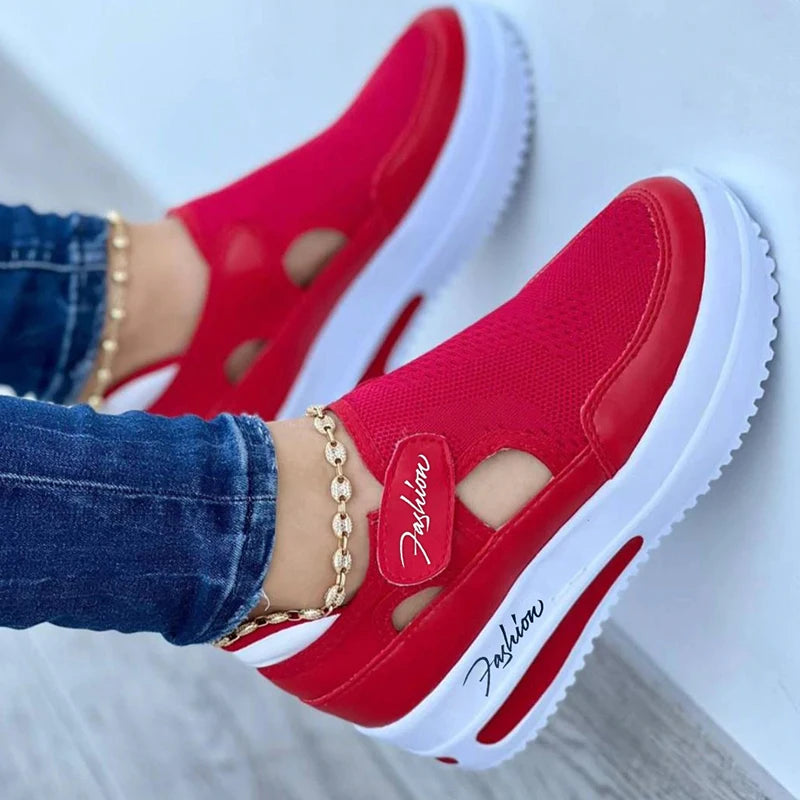 Women's Red Canvas Platform Hollow-Out Tennis Sneakers