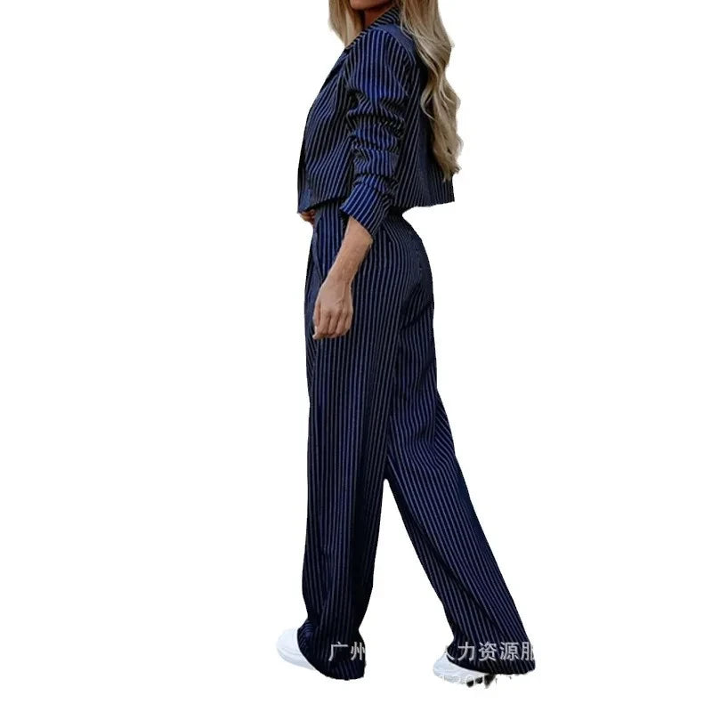 Women's Striped Two-Piece Cardigan and Wide-Leg Pants Set