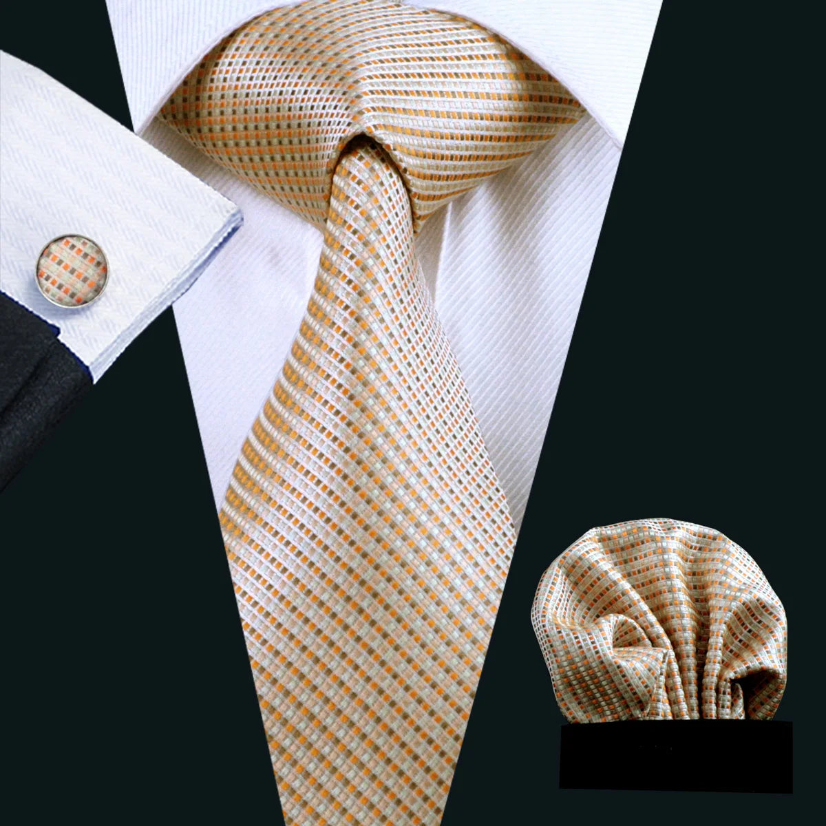 Men's Gold Silk Stripe Necktie Handkerchief Cufflinks Set