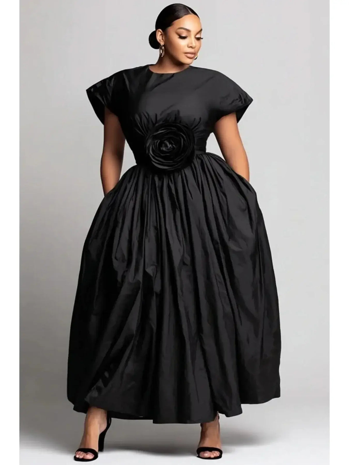 Rochie midi pentru femei, mărimi mari, cu aplicație în formă de trandafir, croială de gală, decolteu rotund, mâneci scurte, talie înaltă, elegantă, pentru petreceri formale, cu buzunare