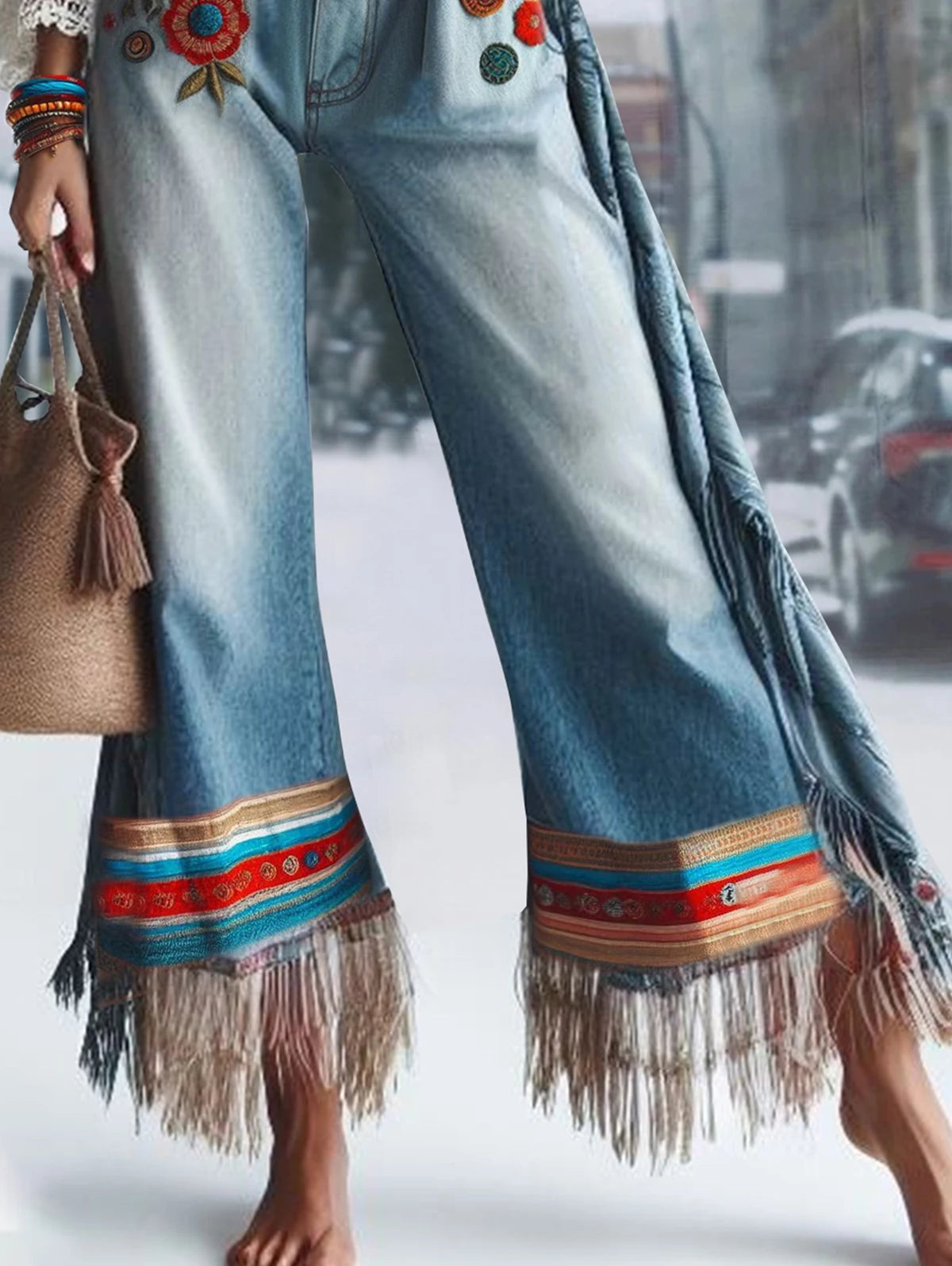 Women Tassel Jeans Pockets Floral Embroidery Patchwork Denim Straight Leg Jeans Ethnic Casual Vintage High Waist Denim Trousers