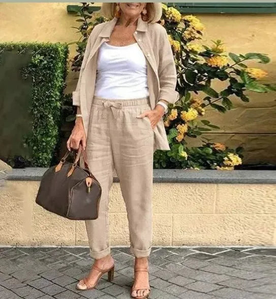 Autumn Spring Casual Suit Women Cotton Linen 2 Piece Set Solid Color Loose Button Shirt + Pants Sets Daily Women's Clothing