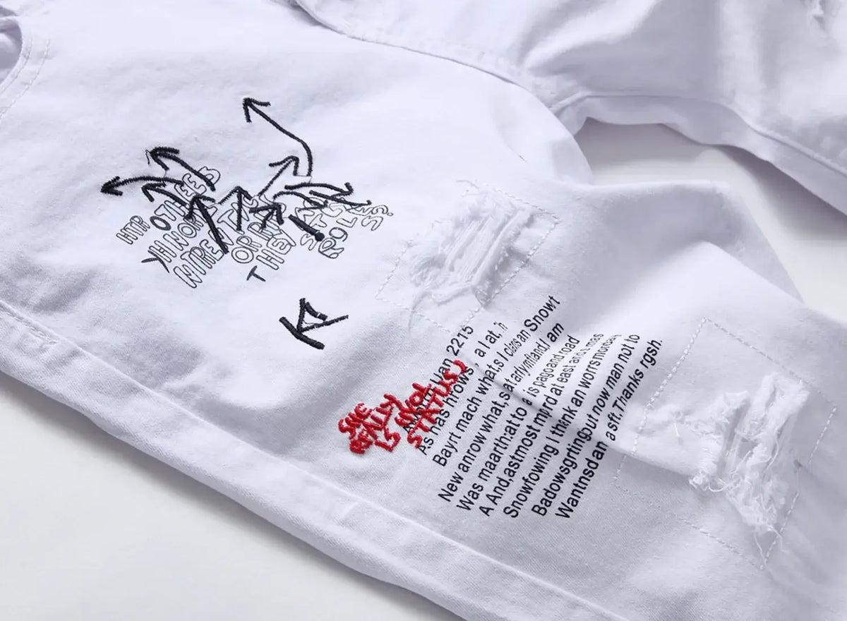 Men's White Ripped Stretch Straight Fit Denim Shorts