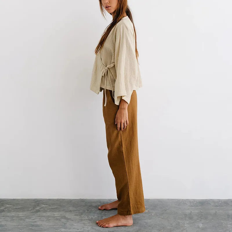 Muslin 100% Cotton Gauze Oversized T-Shirt Sexy V-Neck Women'S Long Sleeve Top Bandage Lace Up Elegant Shrit And Blouse