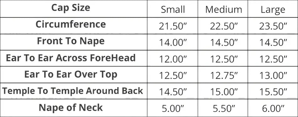 Cap size measurement chart for wigs including Small, Medium, and Large dimensions.