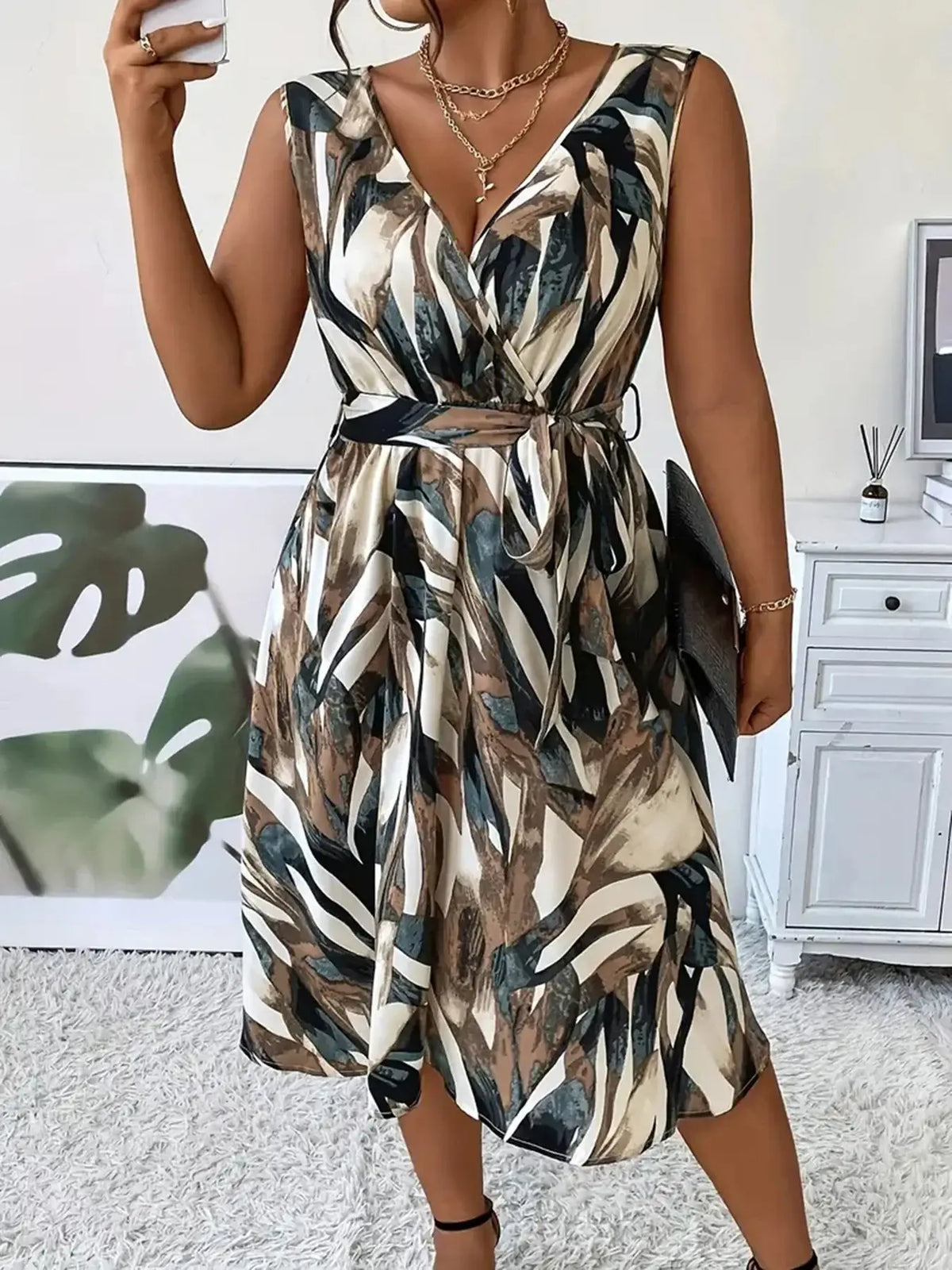 Women's Plus Size Print V-Neck Sleeveless Slim Dress