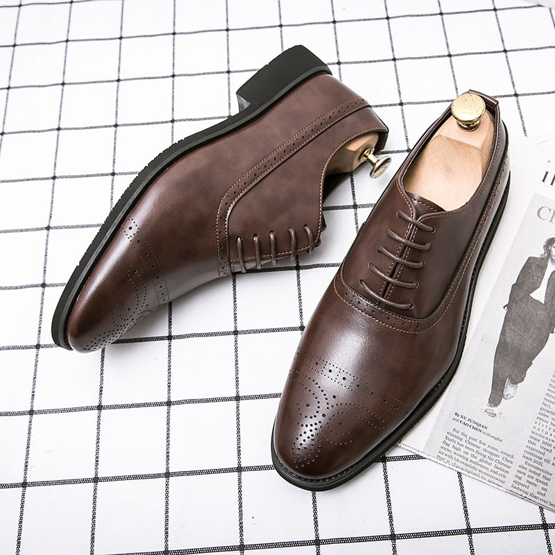 Oksfordice za muškarce, smeđe i crne poslovne cipele na vezanje od PU-materijala, uredske brogue cipele, elegantne muške cipele