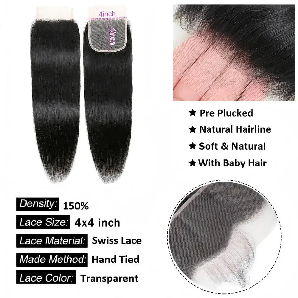 Straight 13x6 Lace Frontal Only 12A Brazilian Virgin Human Hair 2x6 Lace Closure 4x4 5x5 Transparent Swiss Lace Closure image showcasing pre-plucked hairline and Swiss lace features.