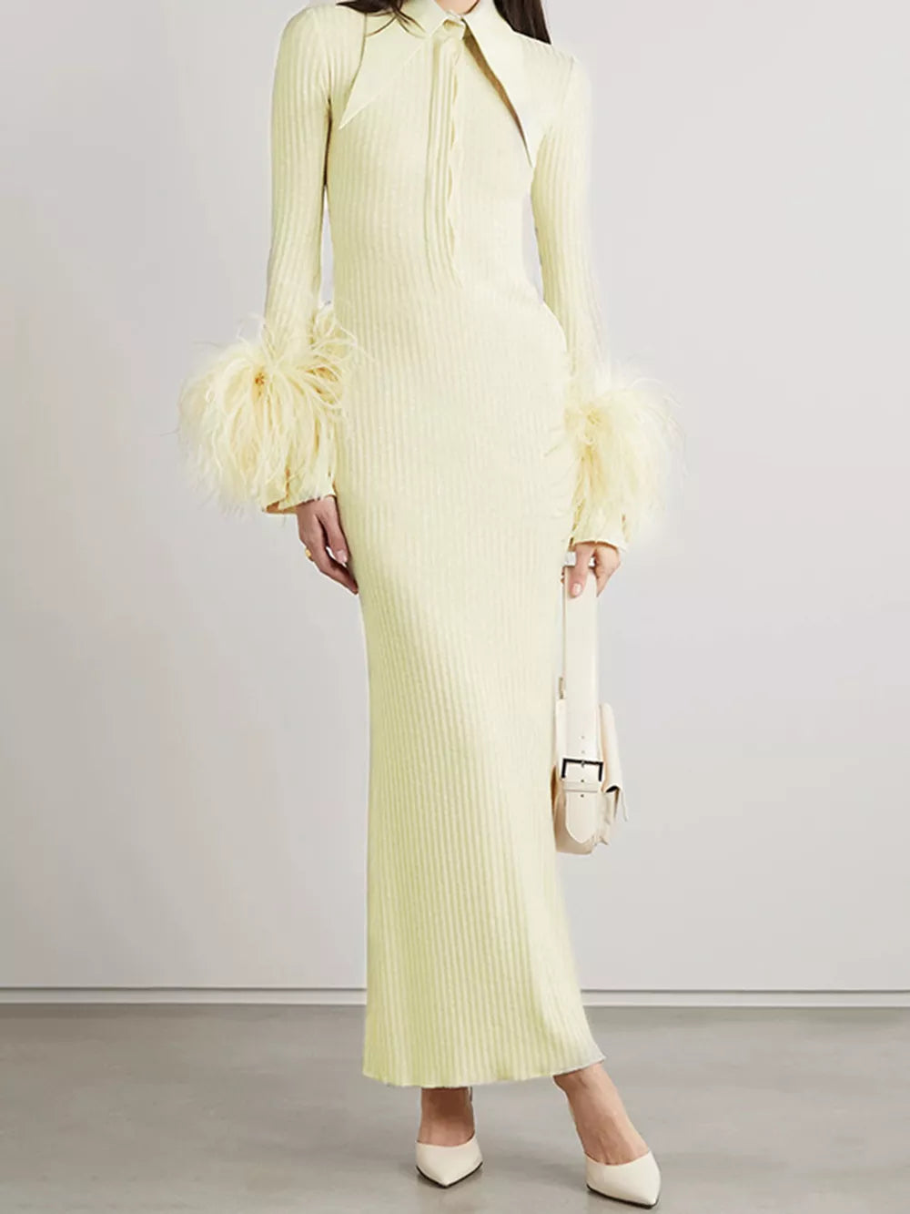 Modphy Ladies Yellow Feathers Bodycon Bandage Maxi Dress Rayon High Quality Sexy Long Sleeve Ribbed Long Dresses 2022 Vestidos