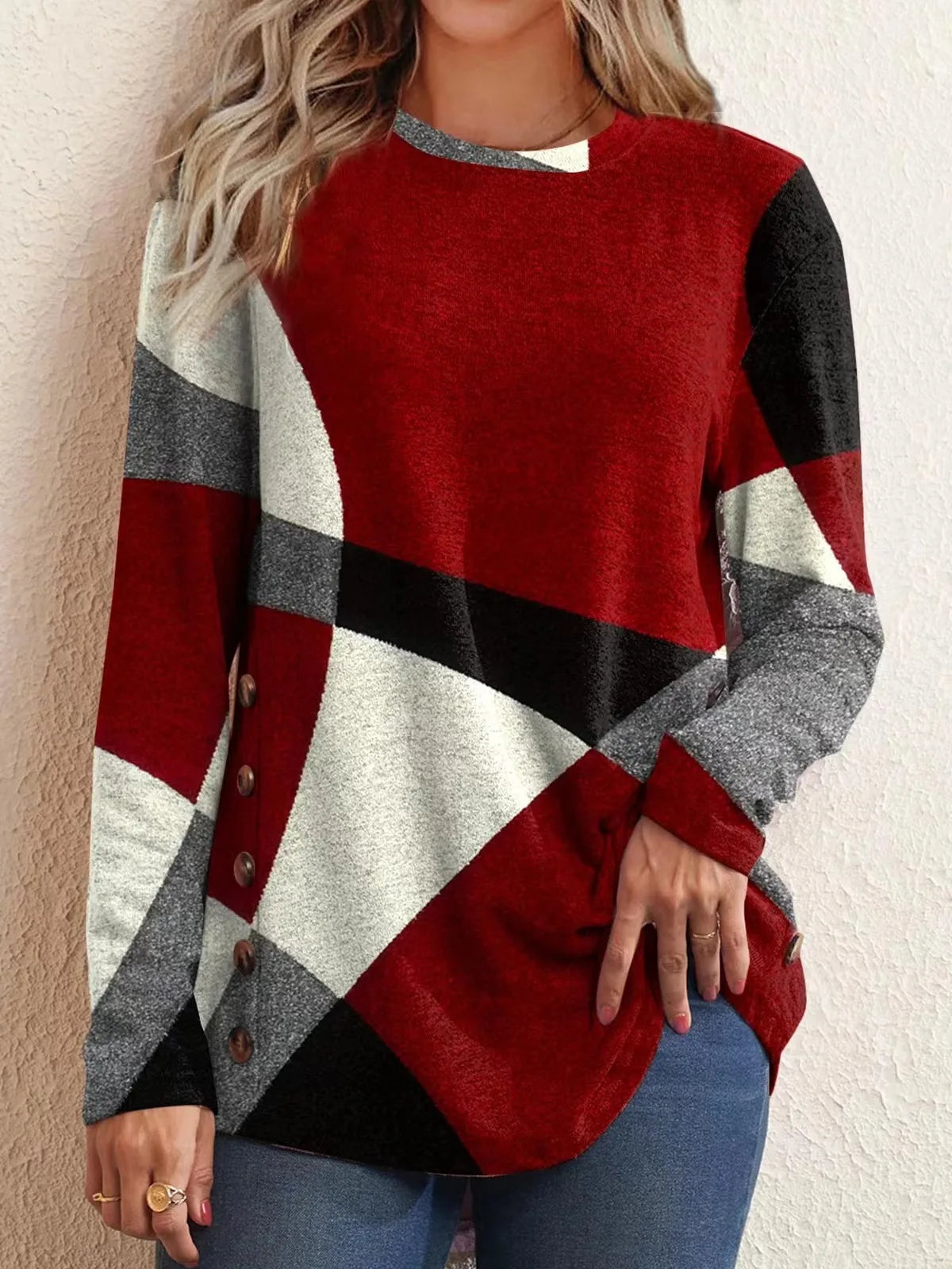Women's Color Block Long Sleeve Button Geometric Tunic Top