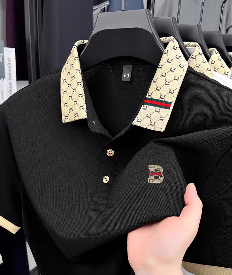 Tricou polo bărbătesc de vară, cu litera B imprimată în relief, mânecă scurtă, ușor și respirabil, modă nouă, cu rever și design color block