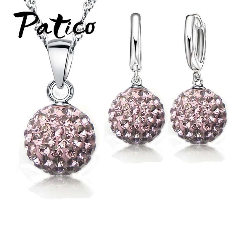 Women's 925 Silver Crystal Disco Ball Necklace Earring Set