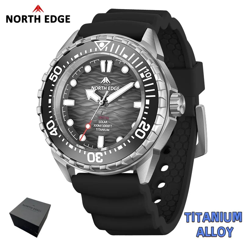 NORTH EDGE TRITON-TI Titanium Solar-Powered Diving Watch High Quality Quartz Watches for Man NEW 300M Waterproof Men Watch Reloj