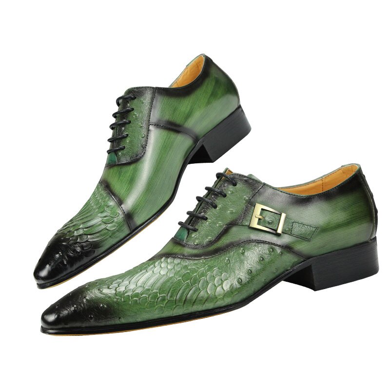 Men's British Carved Green Black Pointed Toe Lace-Up Oxford Shoes