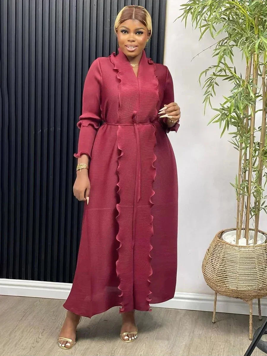 EGRM Miyake Pleated Maxi Long Dress Solid Ruffles Full Sleeve with Belt Formal Dresses for Women Summer New Hot Sales 8R295