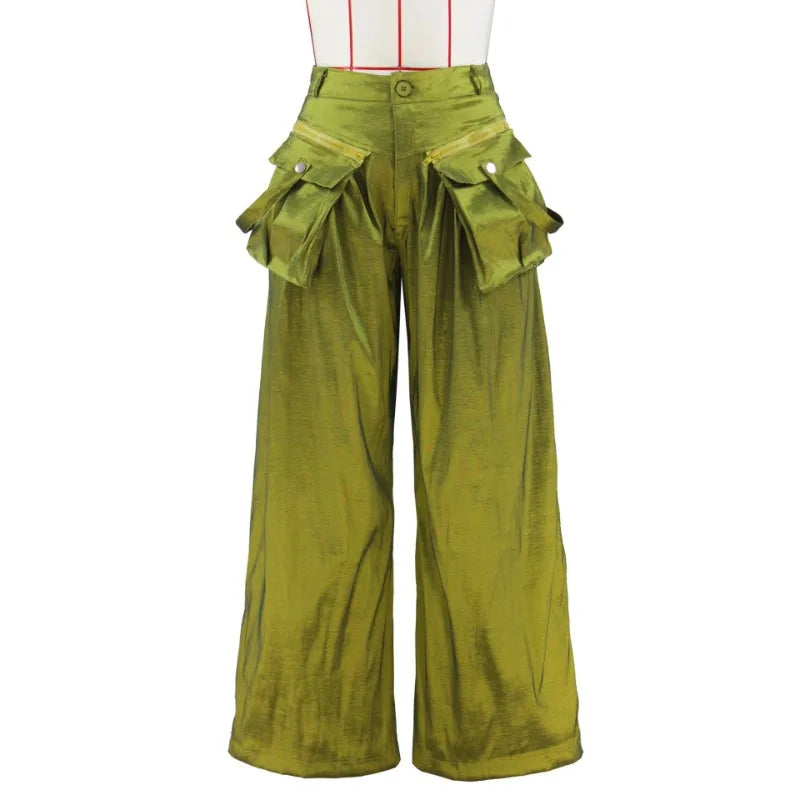 Women's Solid Multi-Pocket High-Waist Wide-Leg Trousers