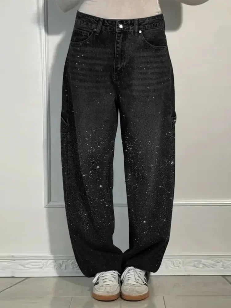 Women's Rhinestone Baggy Wide-Leg Washed Denim Jeans