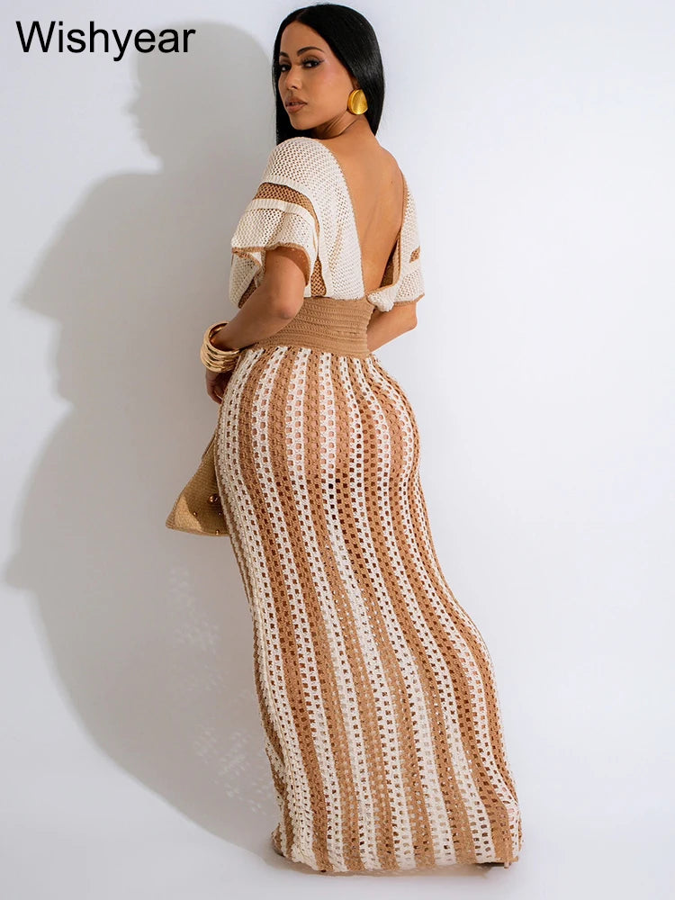 Women's Black Stripe Crochet Crop Top and Long Skirt Set