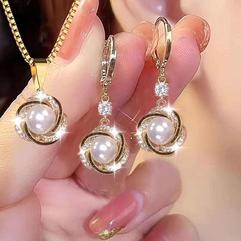 Women's 3-Piece Zircon Flower Imitation Pearl Necklace Earring Set