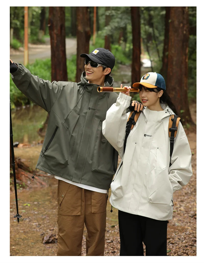2024 New Men's Outdoor Hooded Windbreaker Jacket Autumn Waterproof Hiking Bomber Jackets Women Trekking Softshell Coats