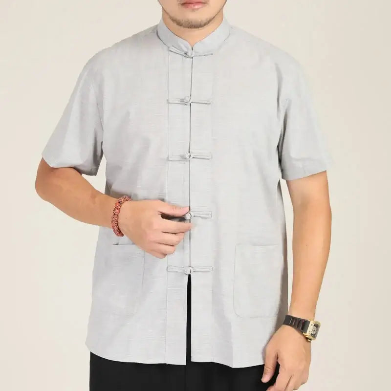 Herren Mandarin-Kragen Hemd im chinesischen Stil Kurzarm Sommer Oversize Formell Lässig Retro Schwarz Weiß Übergröße 6XL 7XL 8XL 10XL