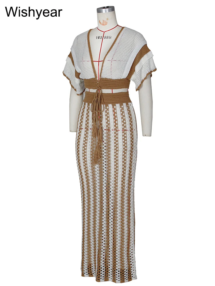 Women's Black Stripe Crochet Crop Top and Long Skirt Set