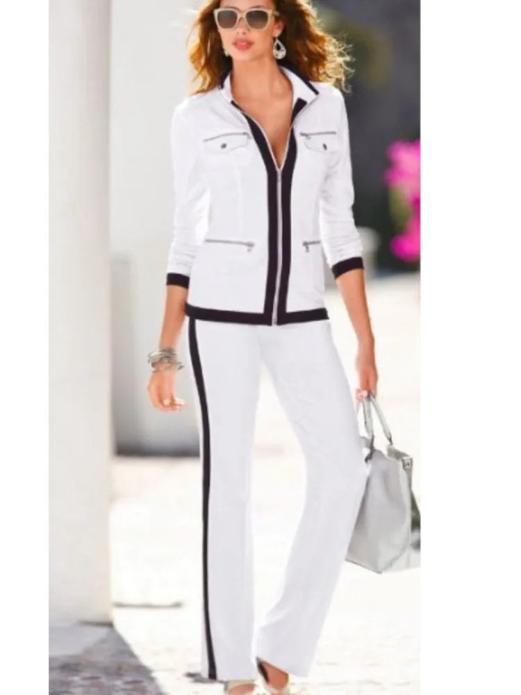 Women's Solid Zipper Top and Straight Two-Piece Set