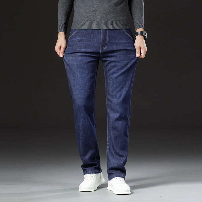 Men's Winter Fleece-Lined Lamb Denim Straight Stretch Jeans, Size 40