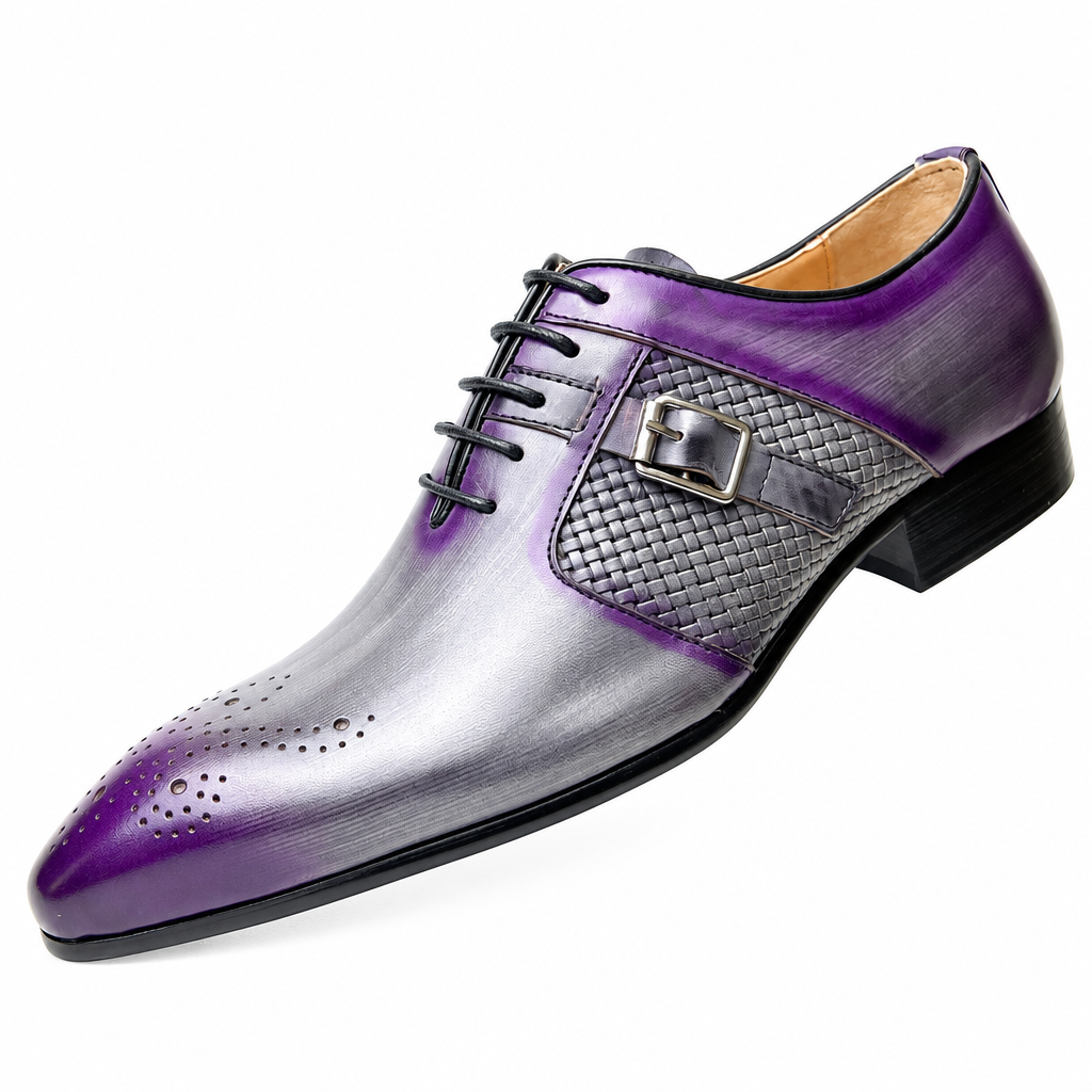 Men's purple mixed-color leather pointed brogue oxford dress shoes clean product photo