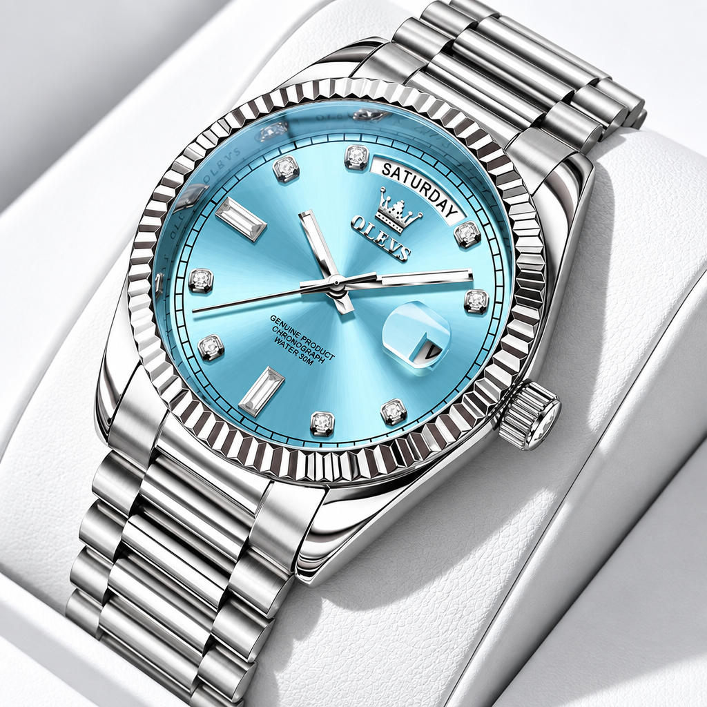Men's automatic mechanical stainless steel watch silver light blue dial