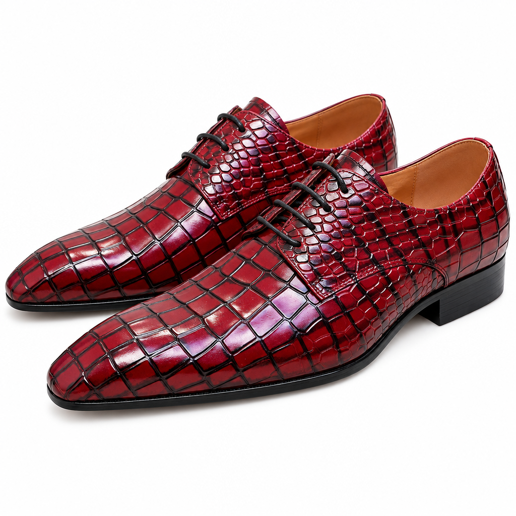 Men's red black printed pointed derby oxfords pair