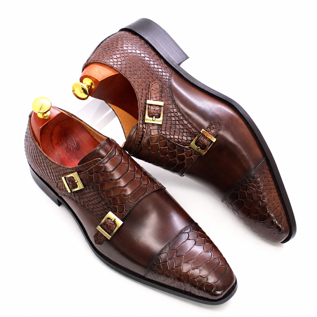 Men's genuine leather double-buckle monk cap-toe dress shoes brown