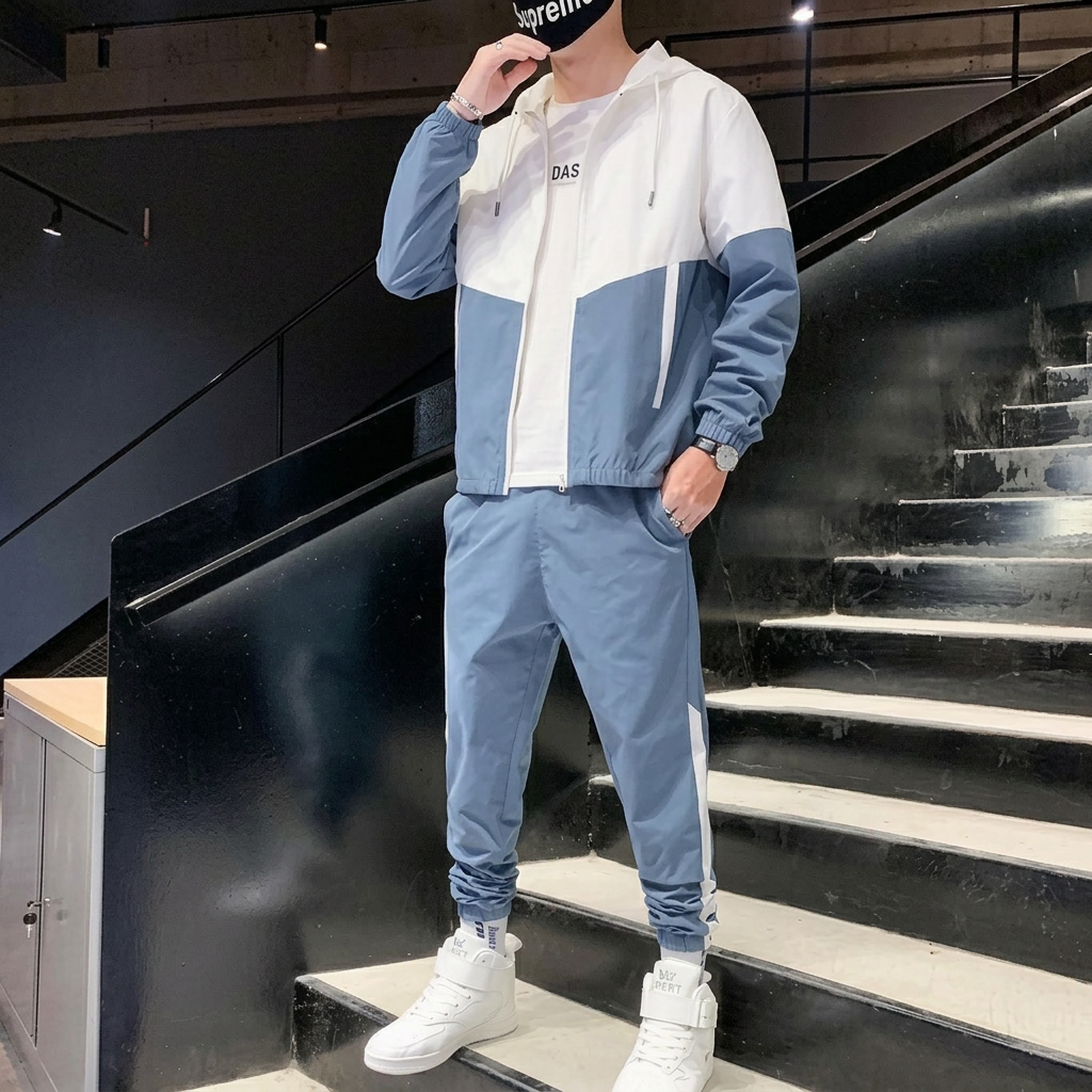 Patchwork-Hip-Hop-Casual-Zweiteiler für Herren, koreanischer Stil, 2-teilige Herrenbekleidung, Streetwear, Fitness-Trainingsanzug