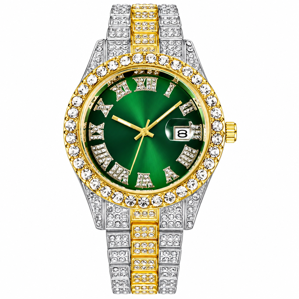 Men's full diamond stainless steel quartz calendar wristwatch green dial