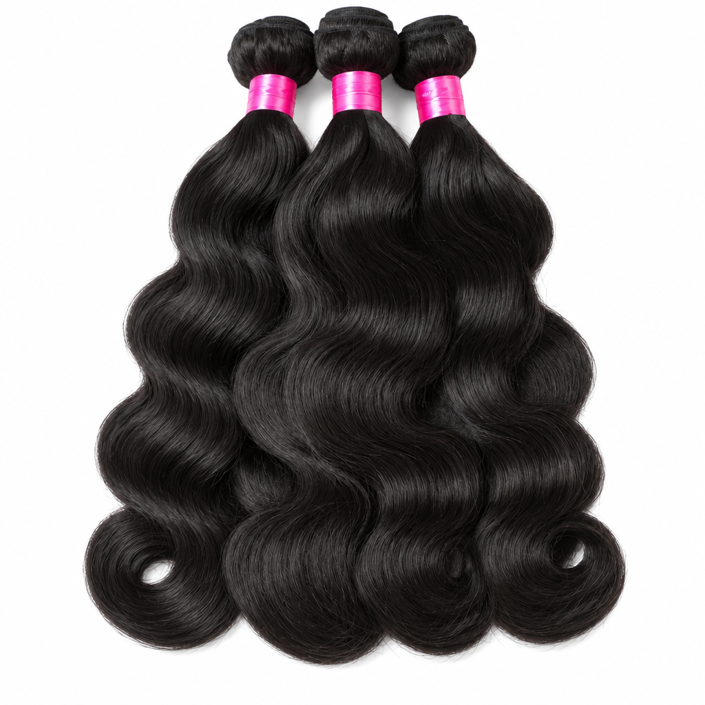 Brazilian body wave human hair bundles flat lay